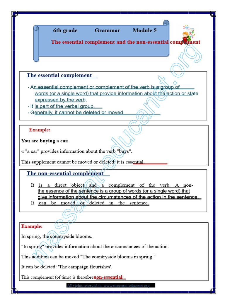 6th Grade Grammar Module 5. The Essential Complement and The Non ...