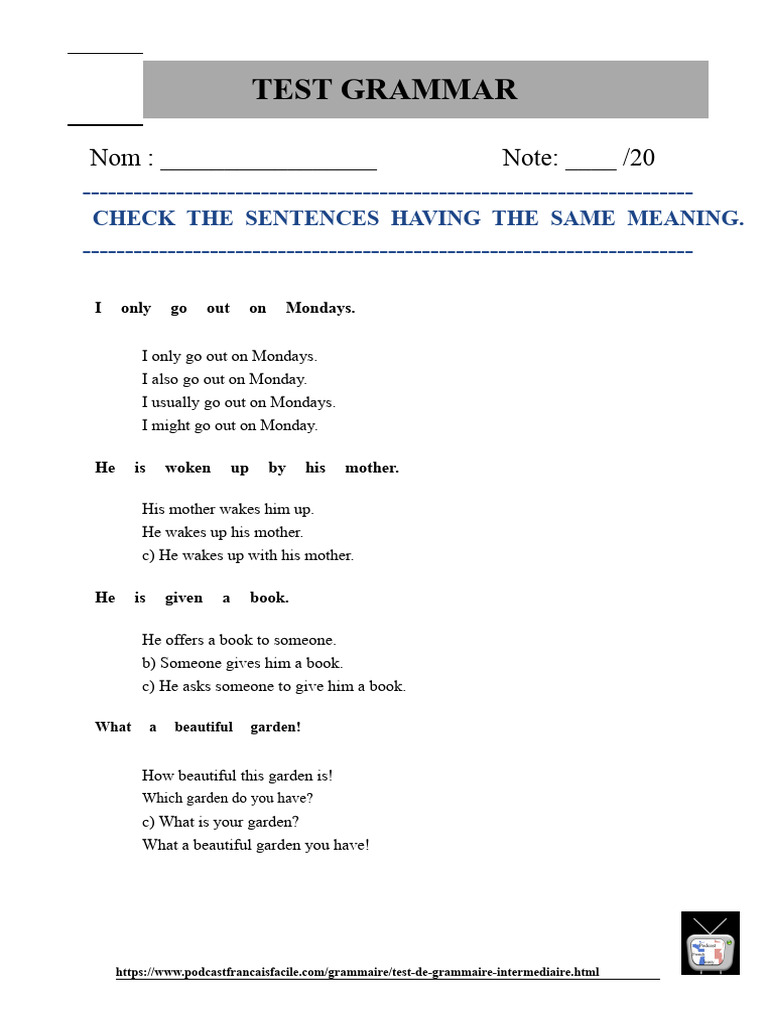 Intermediate Grammar Test Worksheet | PDF | Grammatical Conjugation ...
