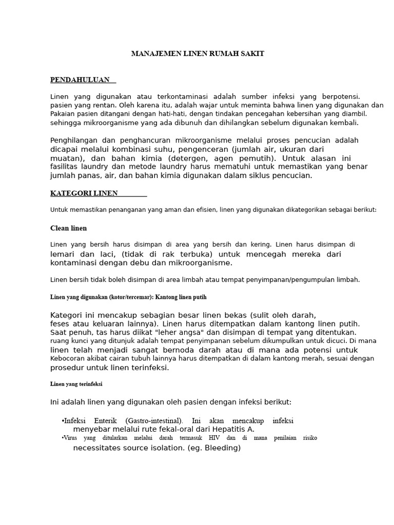 Panduan Manajemen Linen Rumah Sakit | PDF