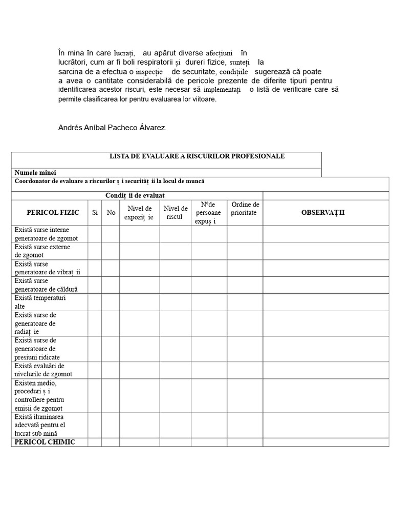 Lista de Verificare. Riscuri Profesionale | PDF