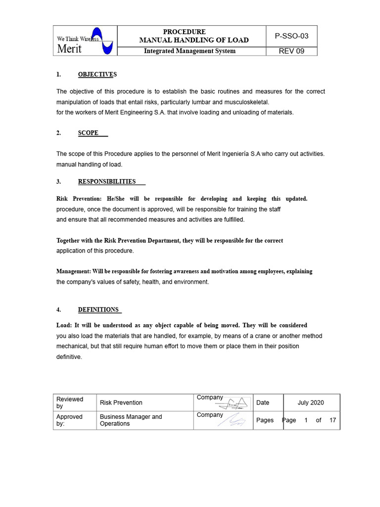 Manual Handling of Load Procedure | PDF | Personal Protective Equipment