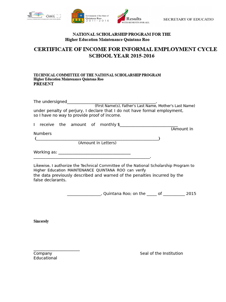 Income Certificate for Scholarship Program | PDF