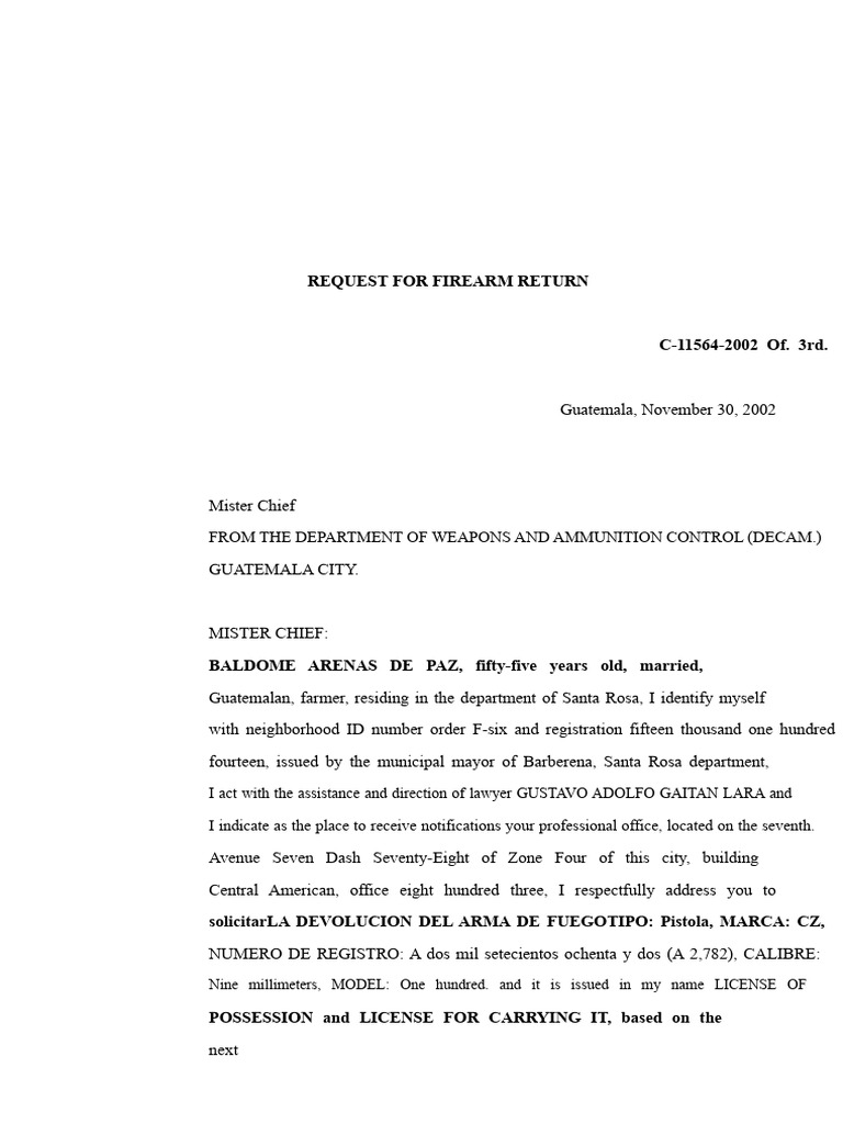 Firearm Return Request in Guatemala | PDF | Criminal Law | Crimes