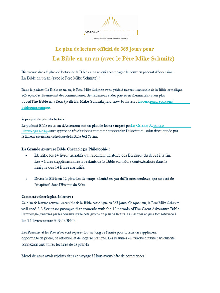 Plan de lecture biblique en 365 jours | PDF | Bible | Personnage du Tanakh