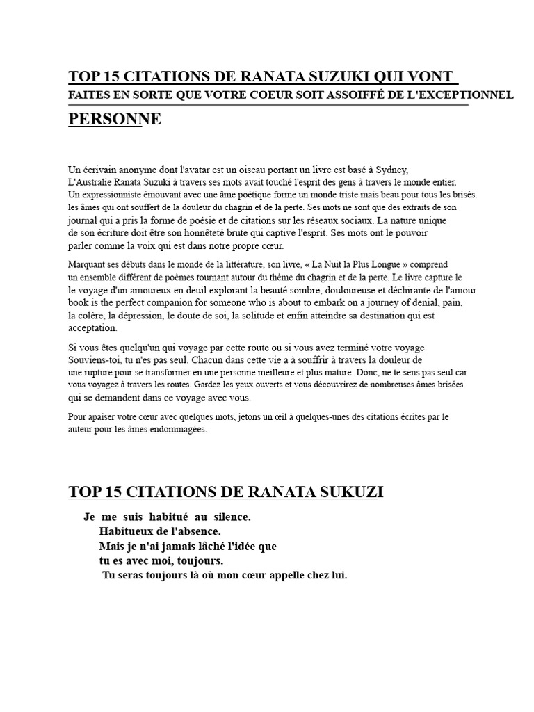 Citations émouvantes de Ranata Suzuki | PDF | Amour | Bonheur