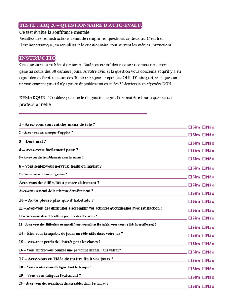 Questionnaire d'Auto-Évaluation SRQ 20 | PDF
