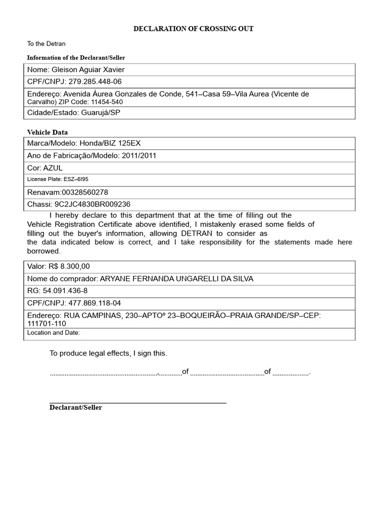 Declaration of Vehicle Ownership Correction | PDF