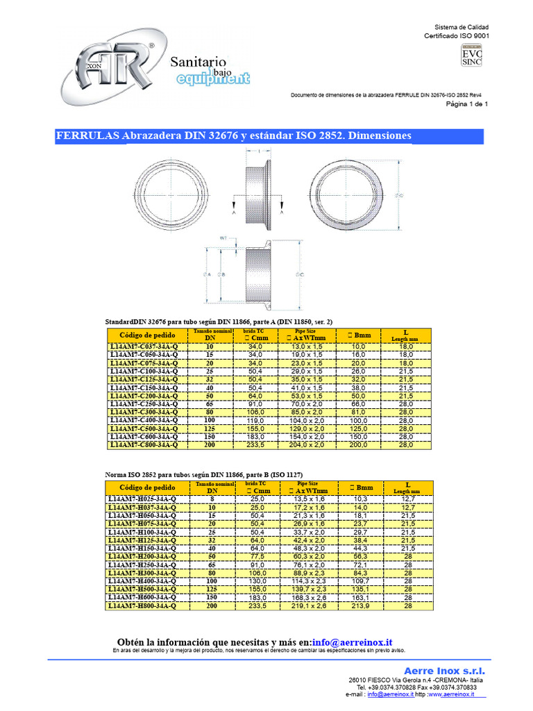 Dimensiones de Abrazaderas DIN 32676 ISO 2852 | PDF