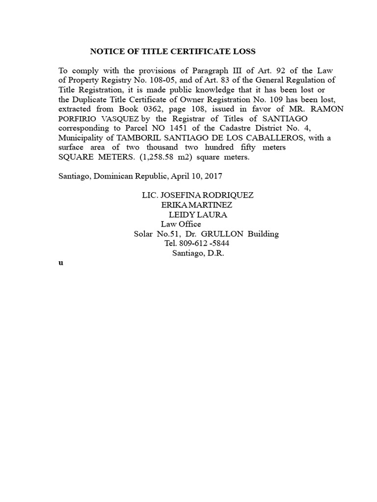 Notice of Title Loss - Josefina | PDF