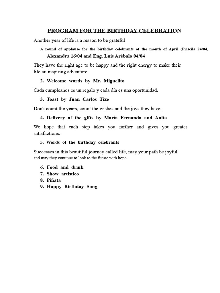 Program For The Birthday Celebration | PDF