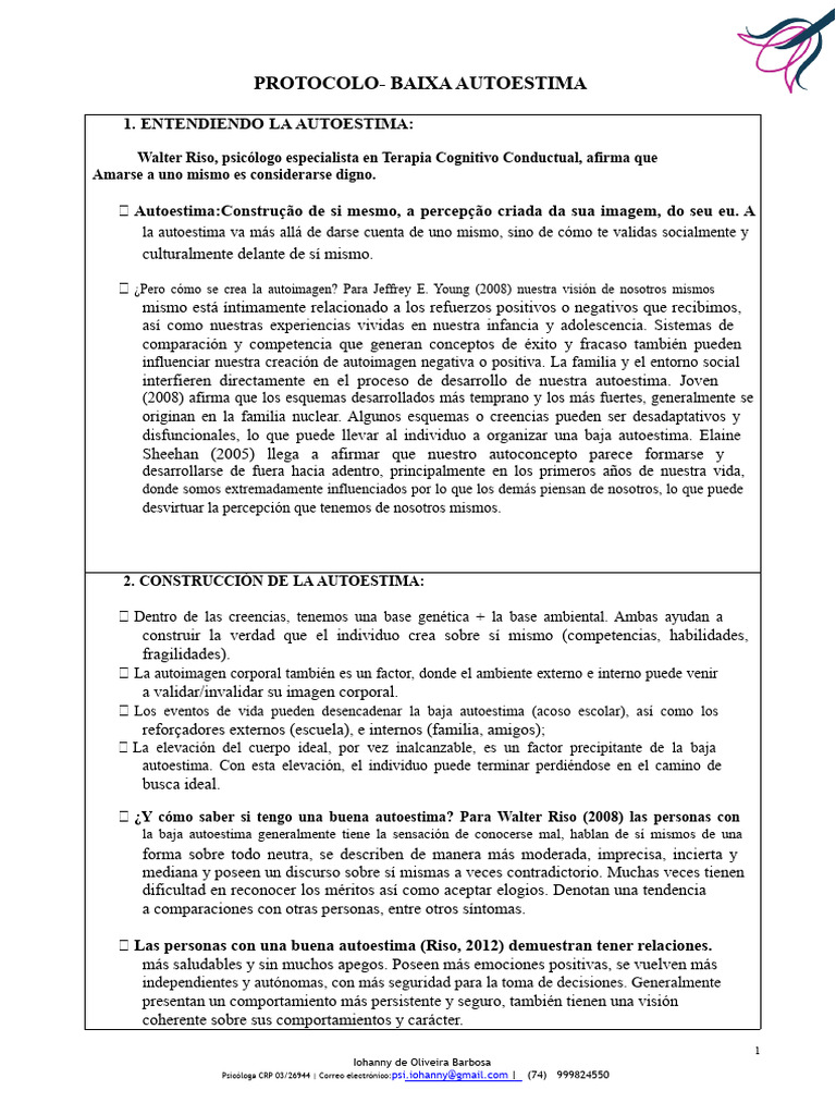Protocolo para Mejorar la Autoestima | PDF | Autoestima | Terapia de ...