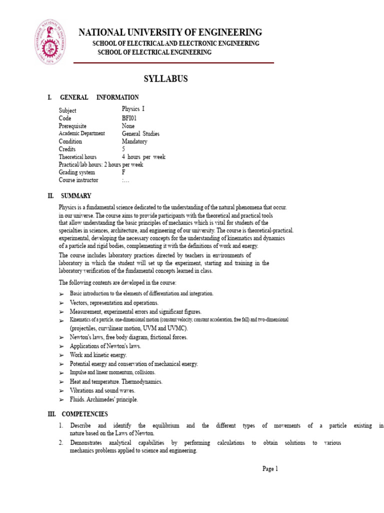 Physics I Syllabus for Engineering Students | PDF | Force | Acceleration