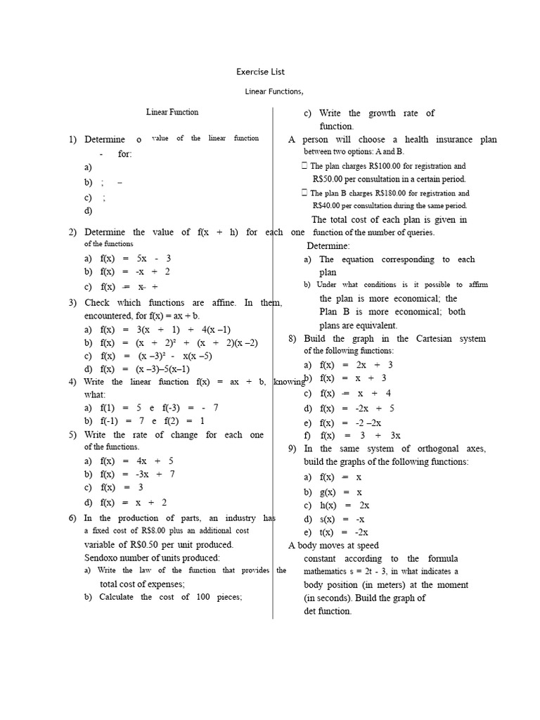 Linear and Quadratic Function Exercises | PDF | Quadratic Equation ...