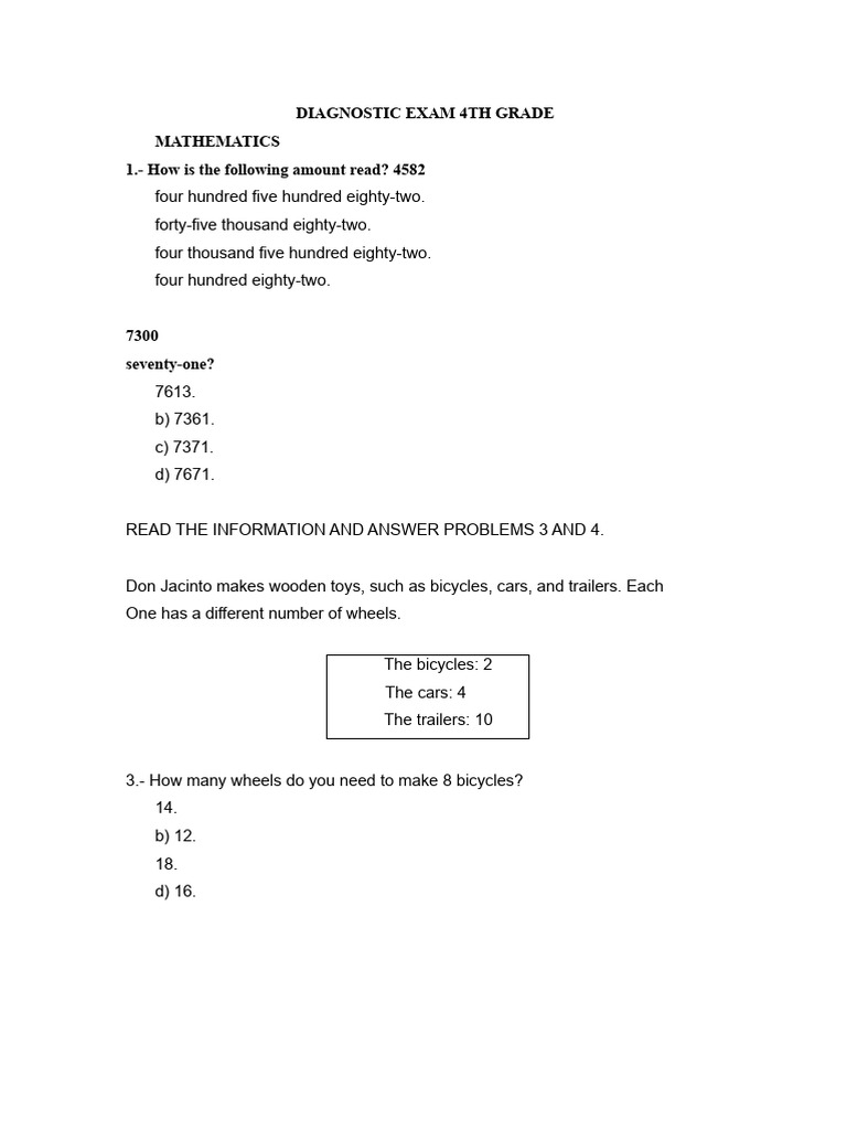4th Grade Math Diagnostic Exam | PDF