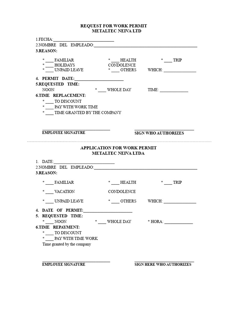 Metaltec Neiva Work Permit Request Form | PDF
