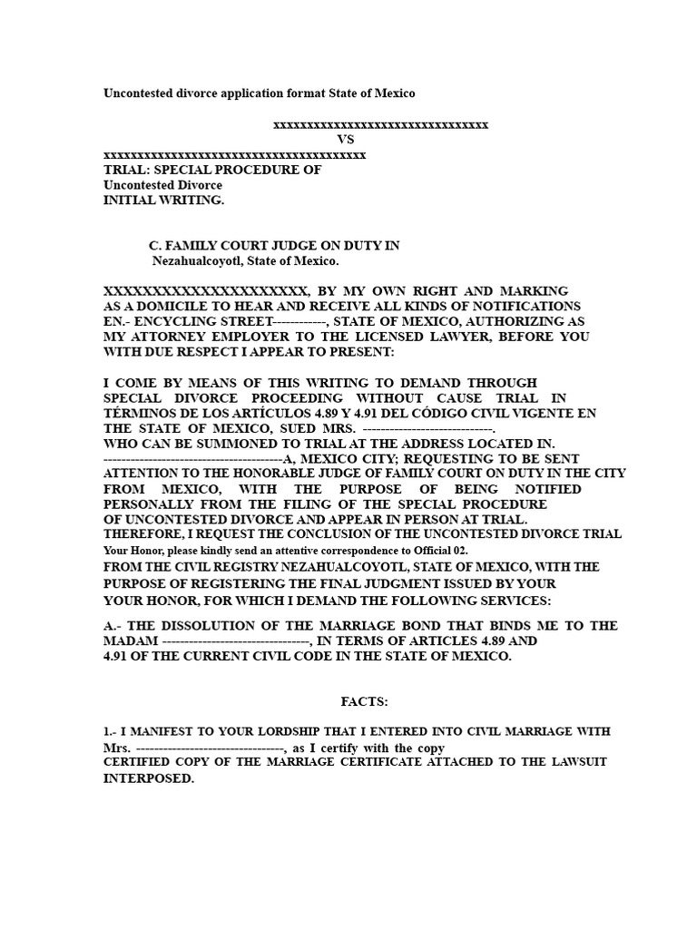 Uncontested Divorce Application Mexico | PDF | Divorce | Marriage