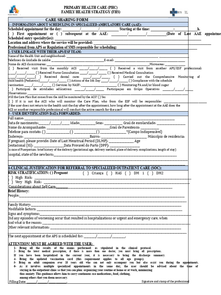 PHC Family Health Strategy Care Form | PDF | Pregnancy | Clinical Medicine