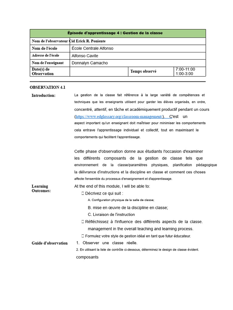 Gestion de la classe : Observations et analyses | PDF | Apprentissage ...
