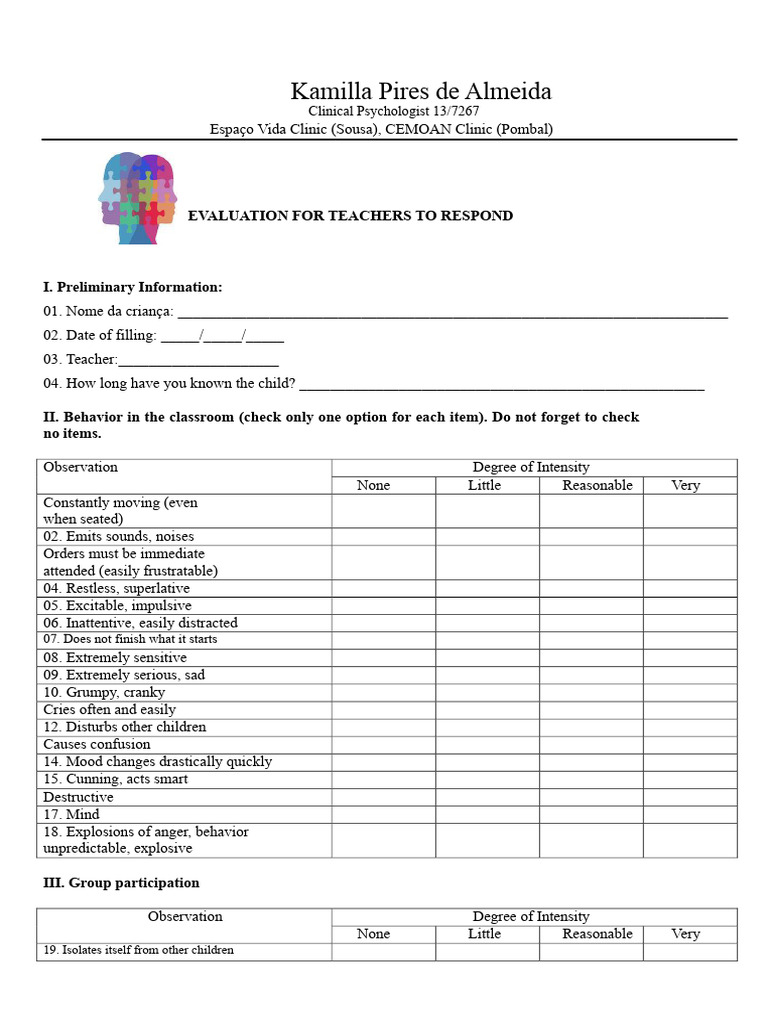 Teacher Evaluation Form for Child Behavior | PDF | Psychotherapy ...