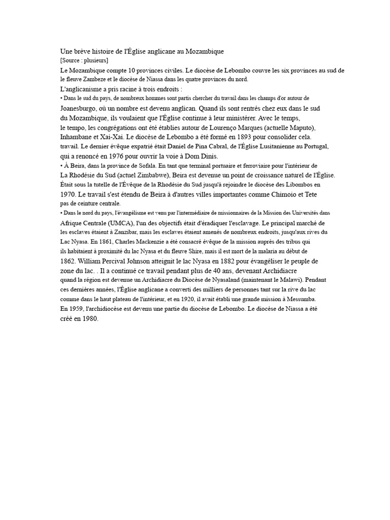 Histoire de l'Église anglicane au Mozambique | PDF