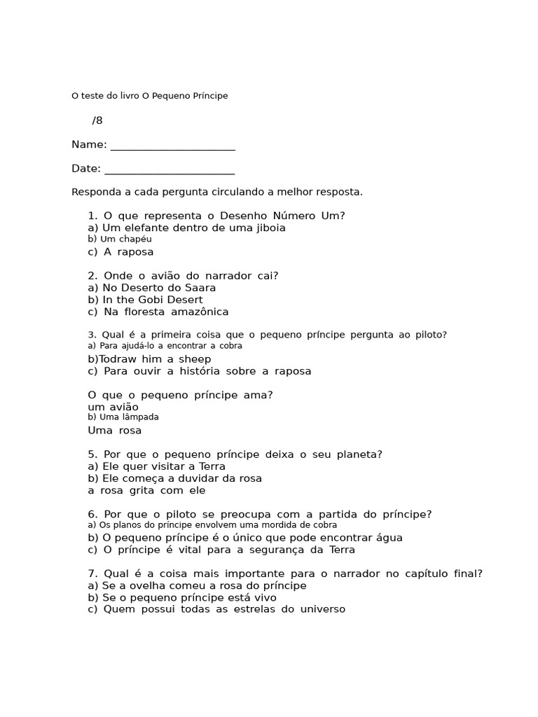 Quiz sobre O Pequeno Príncipe | PDF