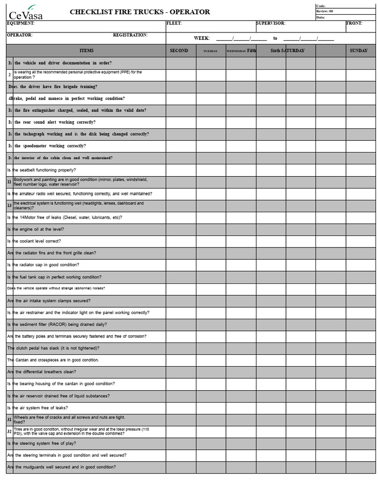 Fire Truck Operator Checklist Guide | PDF | Truck | Vehicles
