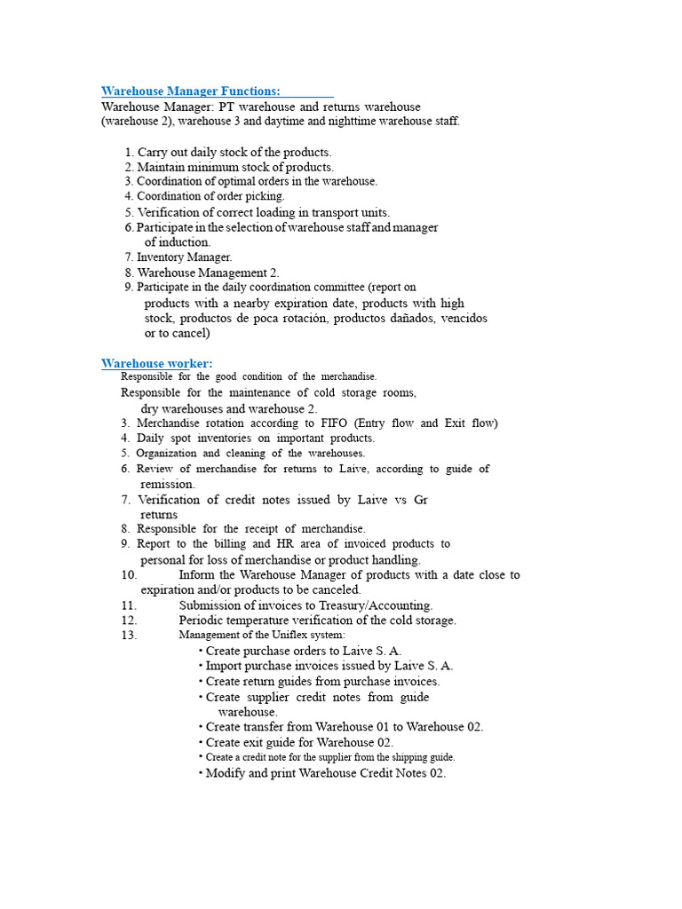 Warehouse Manager and Staff Responsibilities | PDF | Warehouse | Logistics