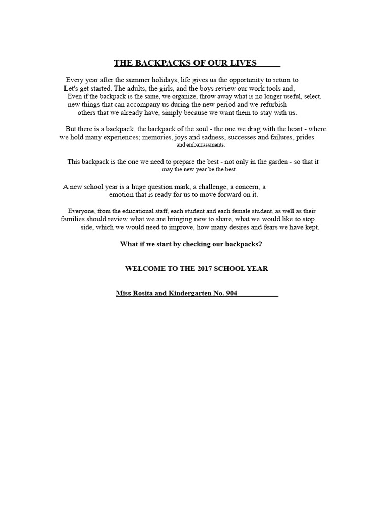 The Backpacks of Our Lives - Reflection - Starting Period | PDF