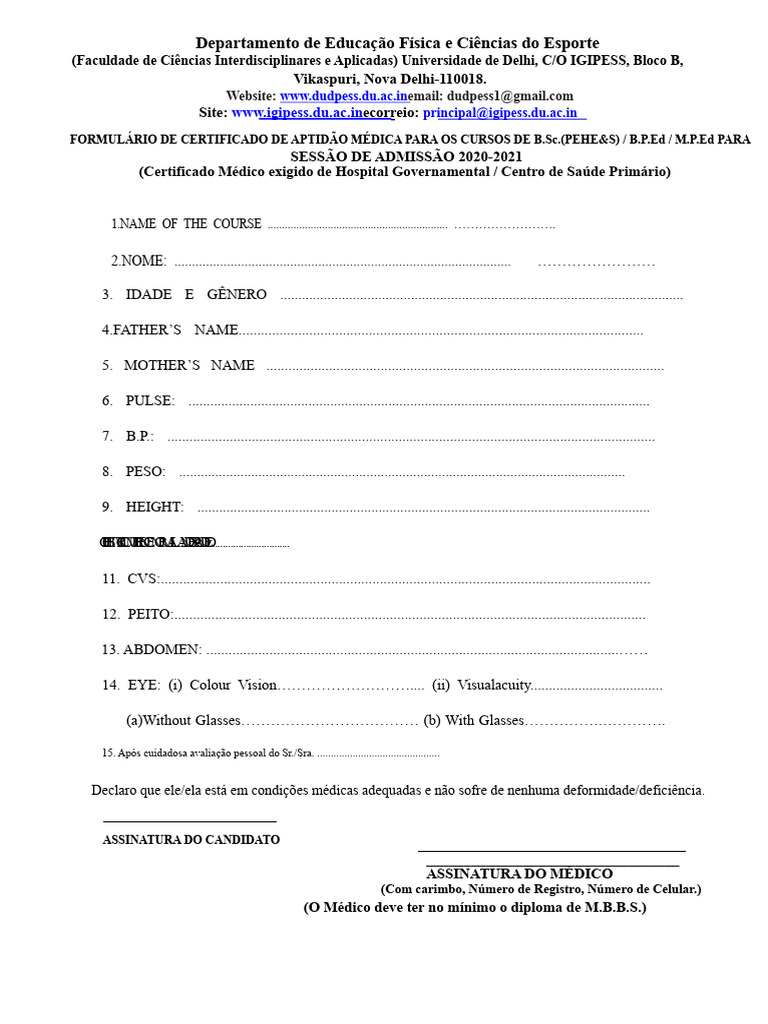 Certificado de Aptidão Médica B.Sc. B.P.Ed e M.P.Ed 2020 | PDF