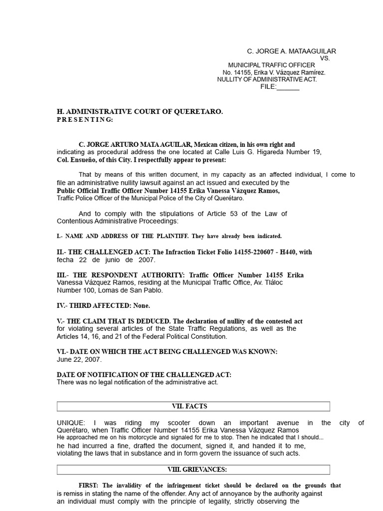 Nullity Lawsuit Against Traffic Officer | PDF | Lawsuit | Justice