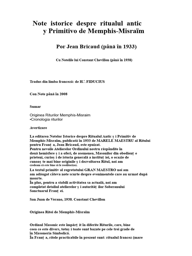 Bricaud Jean - Note Istorice Despre Ritul Memphis PDF | PDF