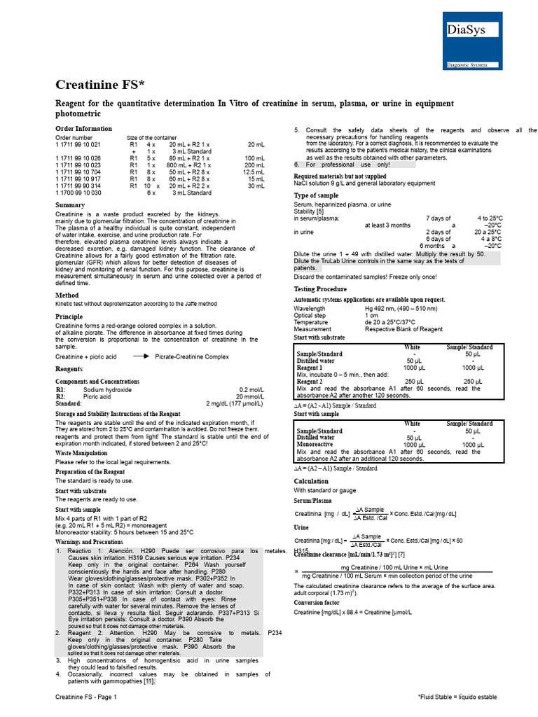 Creatinine Test Reagent for Labs | PDF | Creatinine | Kidney