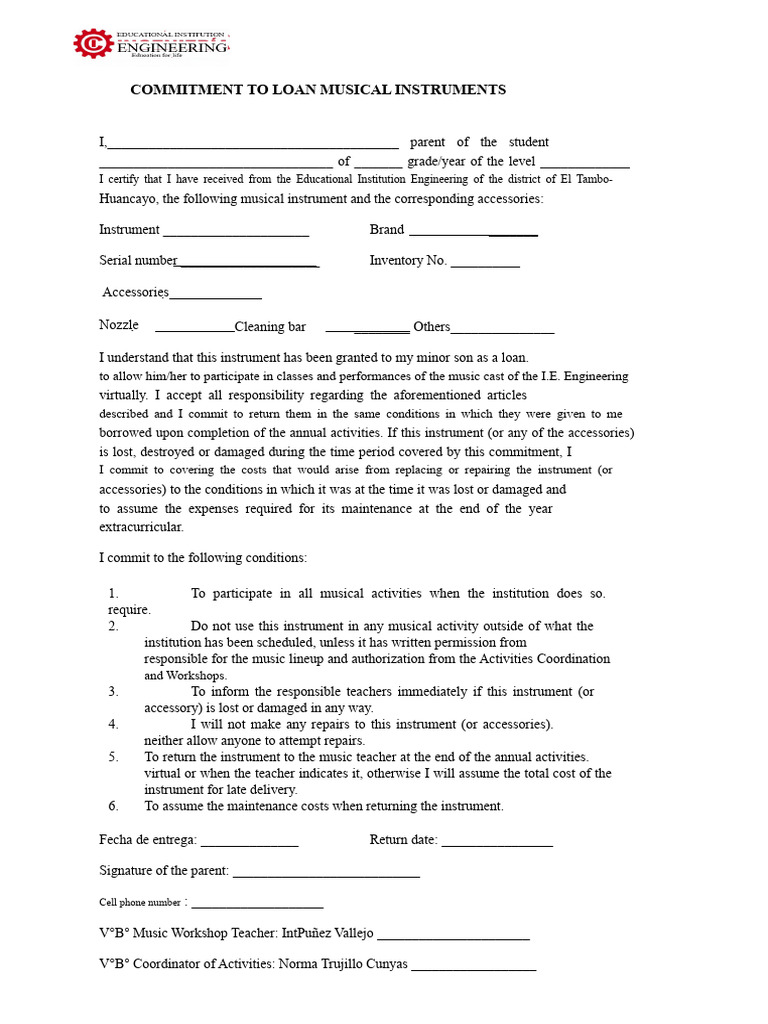 Musical Instrument Loan Agreement Form | PDF