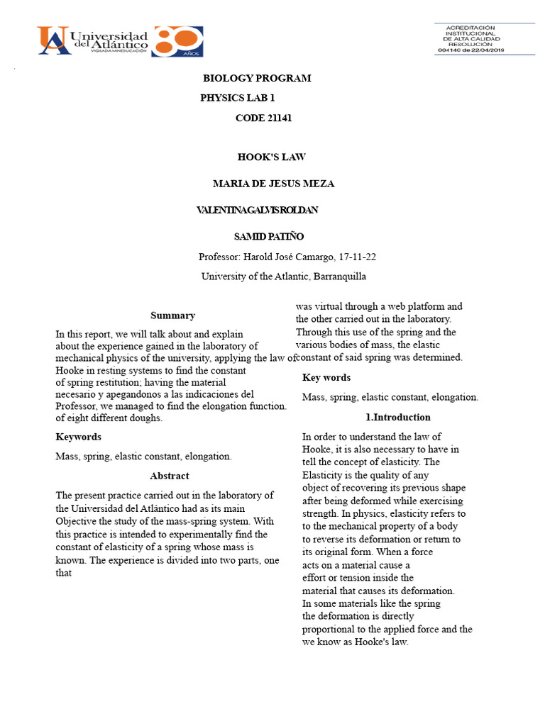 Hooke's Law Experiment Report | PDF | Oscillation | Elasticity (Physics)