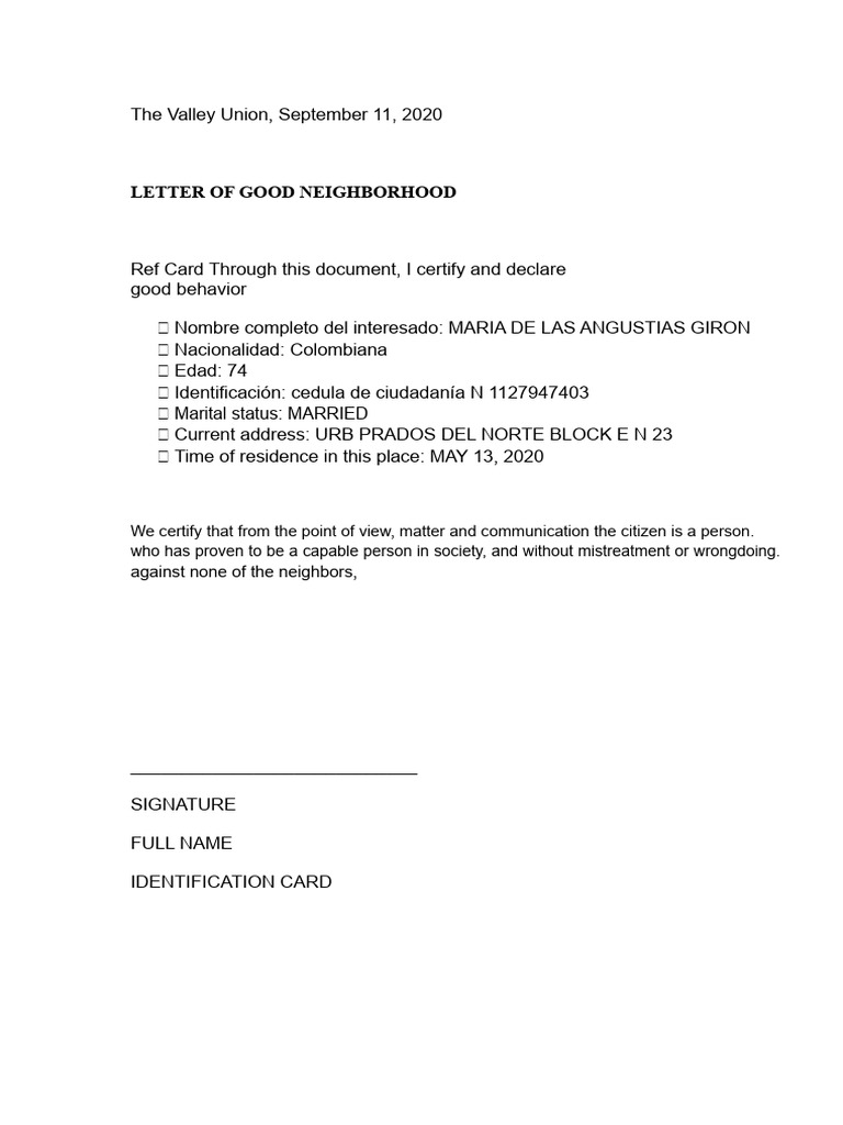 Letter of Good Neighborhood Certification | PDF