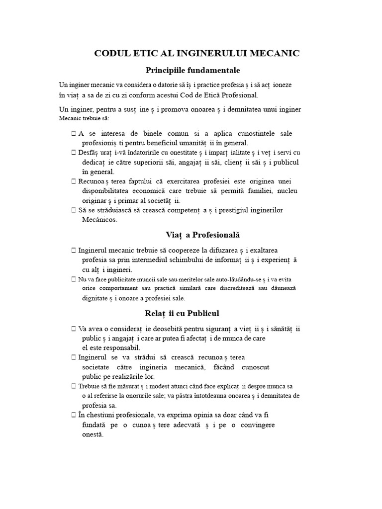 Codul Etic Al Inginerului Mecanic | PDF