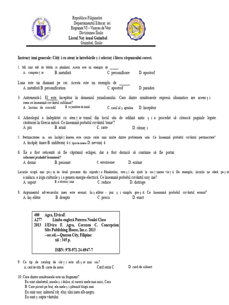Test de Plasare SPJ Pentru Clasa A VII-a | PDF