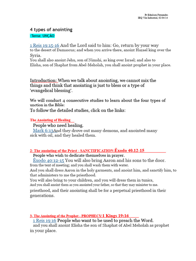 Four Types of Biblical Anointing | PDF | Anointing | Samuel
