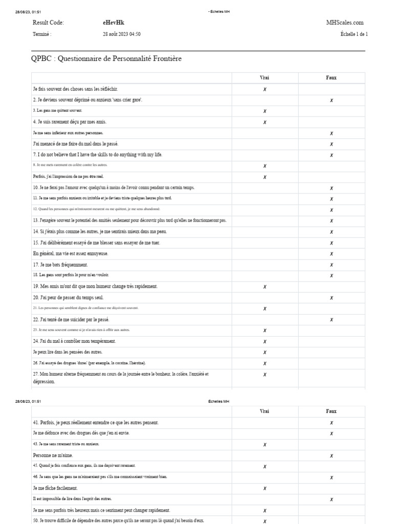 BPQ Exemple de Résultat Du Test de Personnalité Borderline | PDF ...