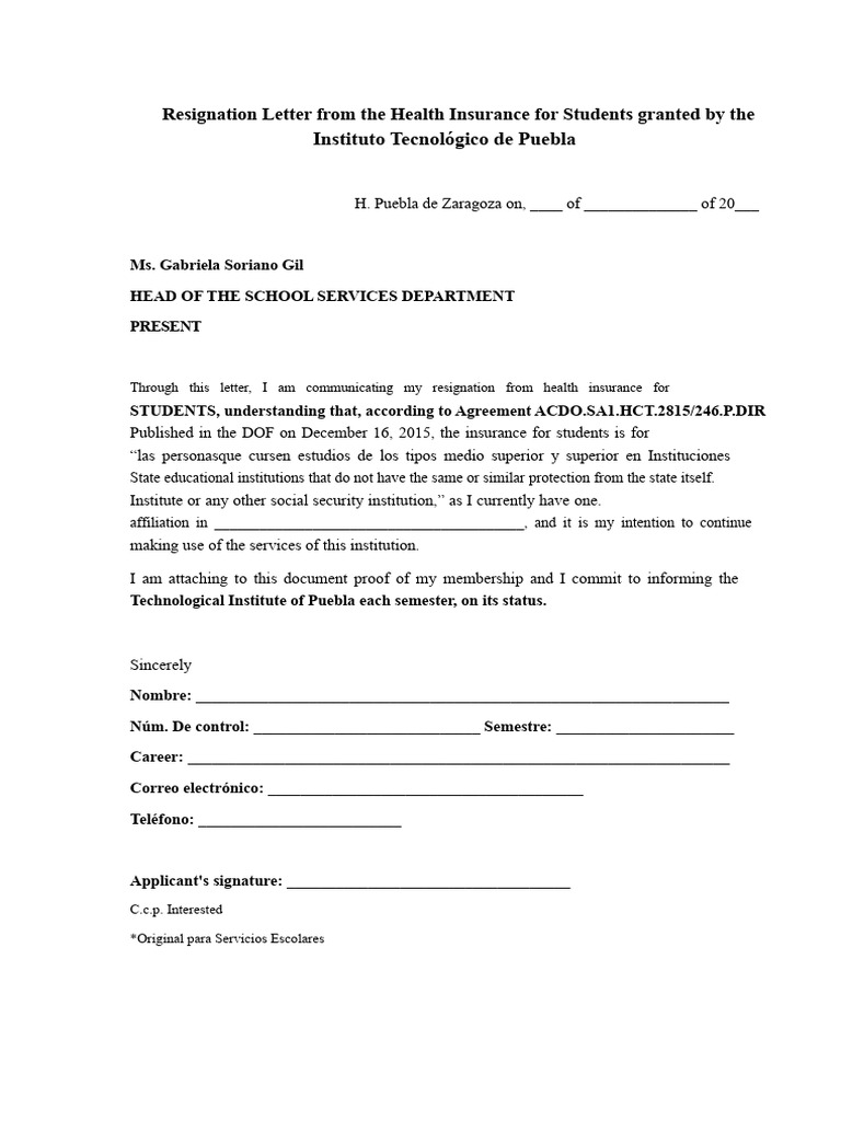 Letter of Resignation From Student Insurance IMSS | PDF