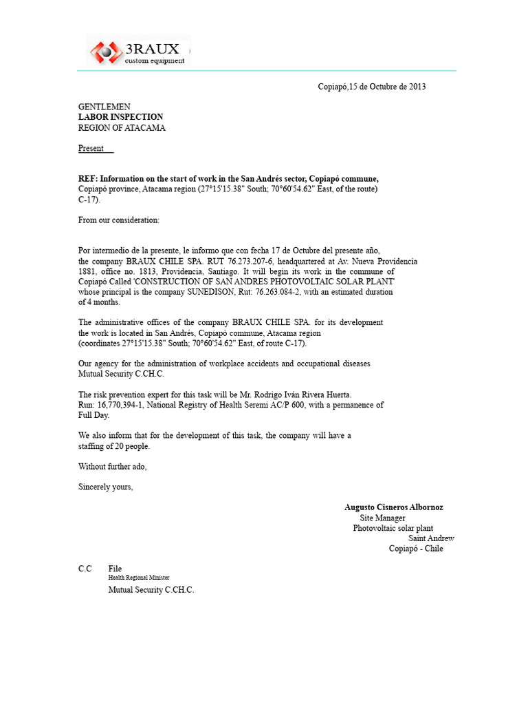 Letter of Start of Work to the Labor Department | PDF
