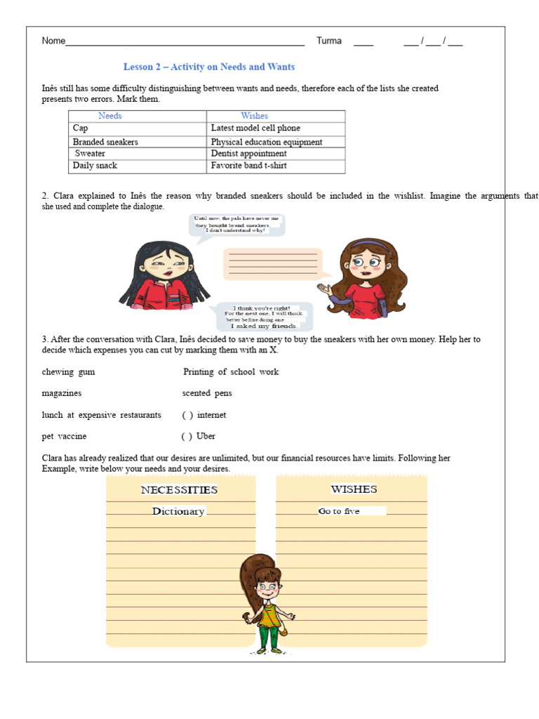 Lesson 2 - Assessment activity on needs and wants | PDF