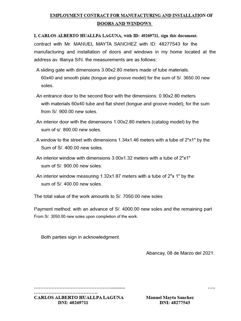 Employment Contract for Doors and Windows | PDF