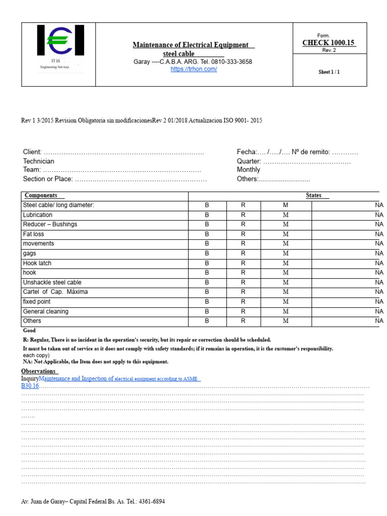 Electrical Equipment Maintenance Form | PDF