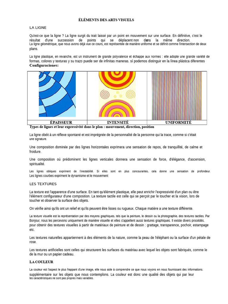Éléments des arts visuels : lignes, textures, couleurs | PDF | Dessin ...