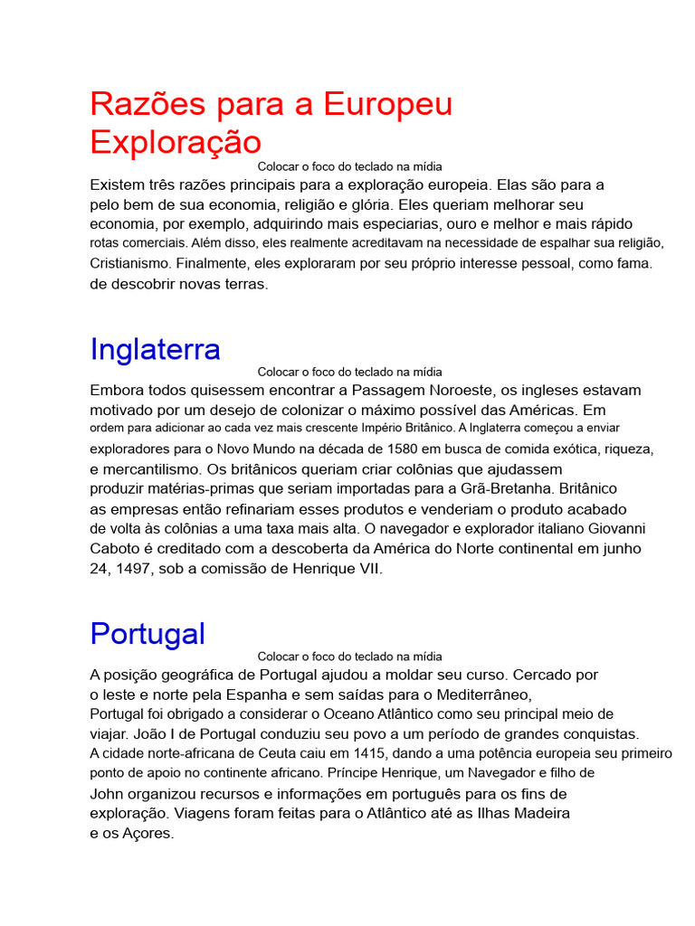 Razões para a Exploração Europeia | PDF | Era dos Descobrimentos | Espanha