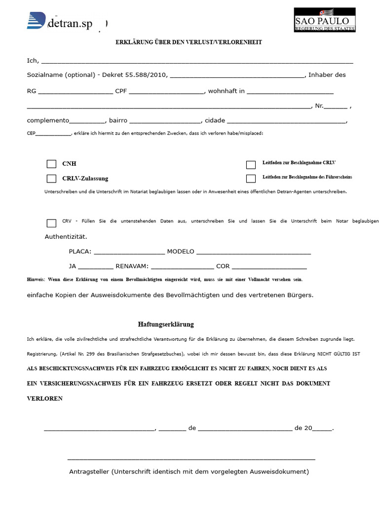 Erklärung Über Den Verlust Von Gegenständen V2 | PDF