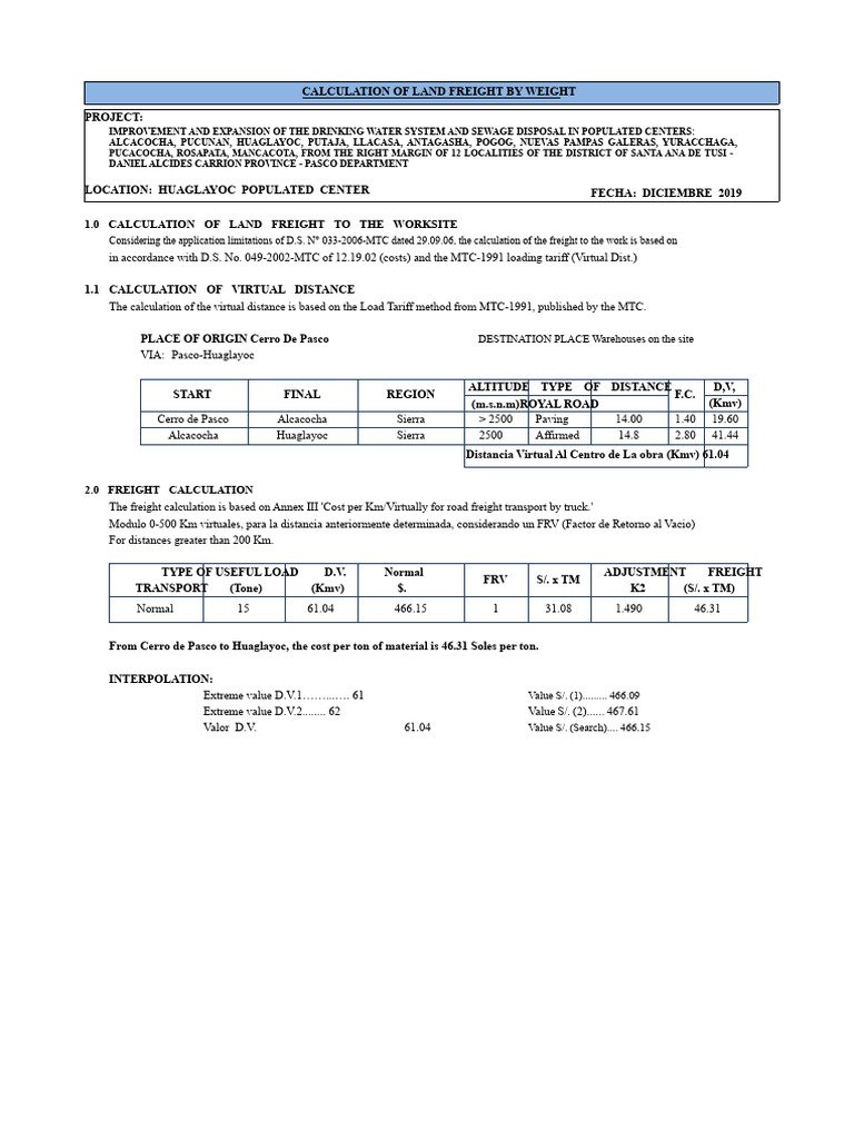 Land Freight Calculation for Water Project | PDF | Cargo | Construction ...
