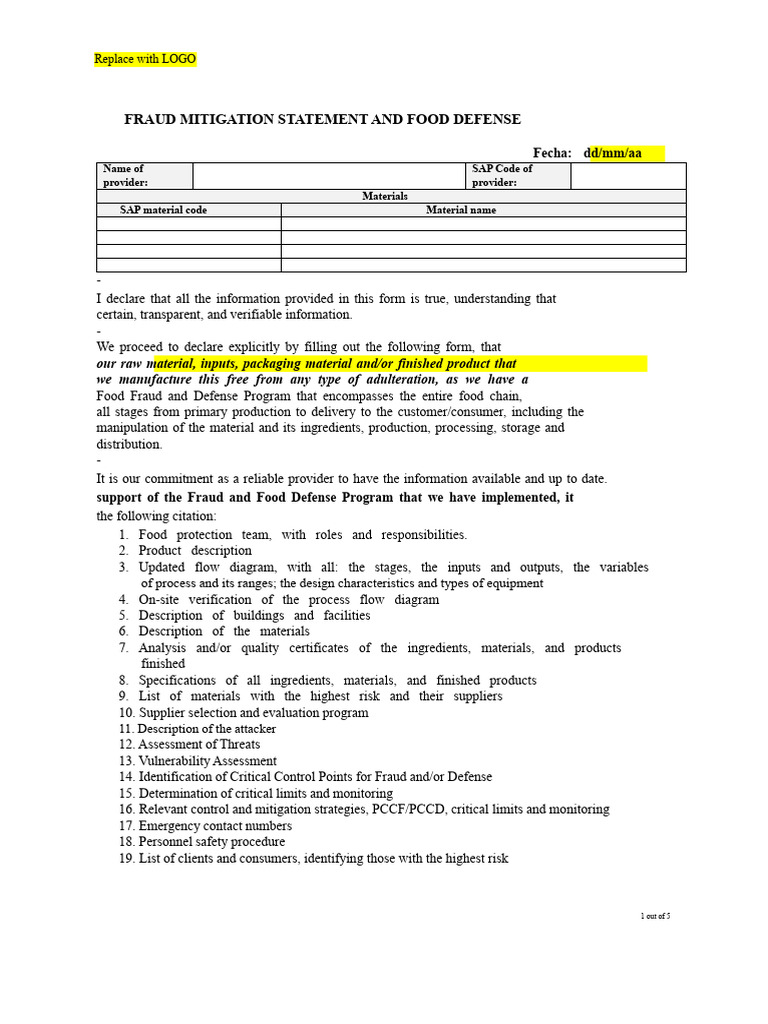 Food Fraud Mitigation Declaration Form | PDF | Risk | Safety