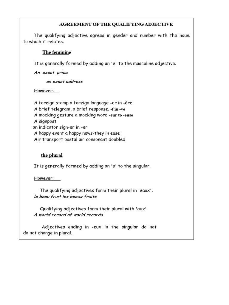 Agreement of The Qualifying Adjective | PDF